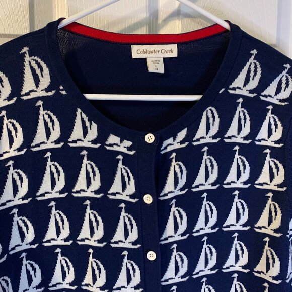 Coldwater Creek Women's Sailboat Sweater Cardigan Size L 14 Preppy Navy Blue - Picture 3 of 6